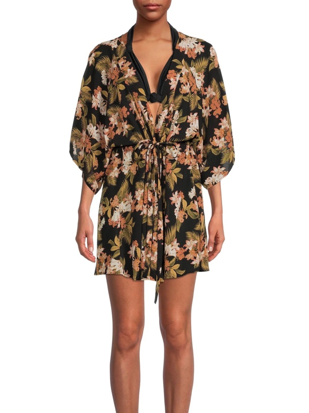 Time and Tru Black and Floral Tie-Waist Beach Cover-Up